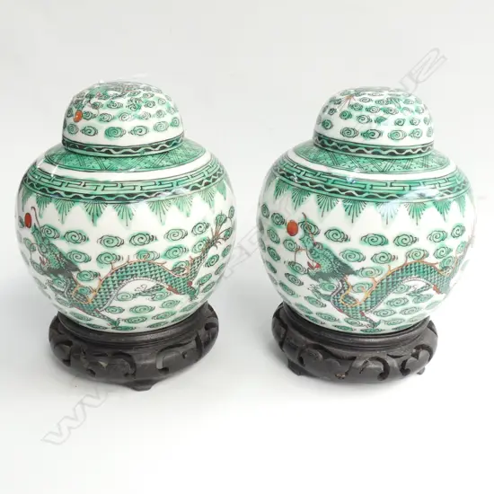PAIR VNITAGE GREEN & WHITE GINGER JARS ON STANDS, H.150mm