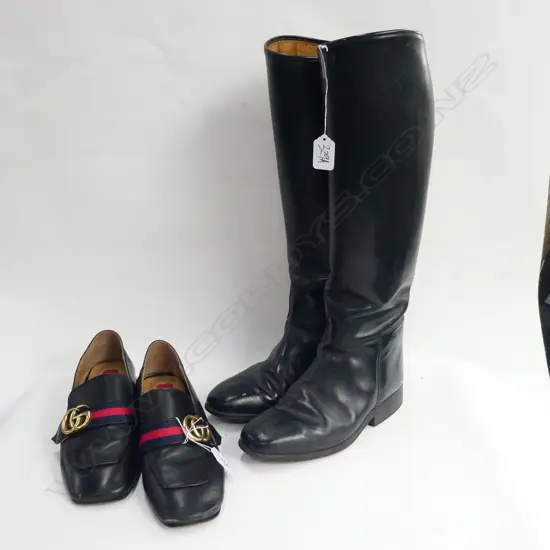 FAUX GUCCI LOAFERS SIZE 38, VINTAGE LEATHER RIDING BOOTS H. 455MM