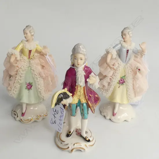 3 DRESDEN DOLLS GOOD COND, LOSS TO SKIRT, MANS ARM OLD REPAIR H. 120MM