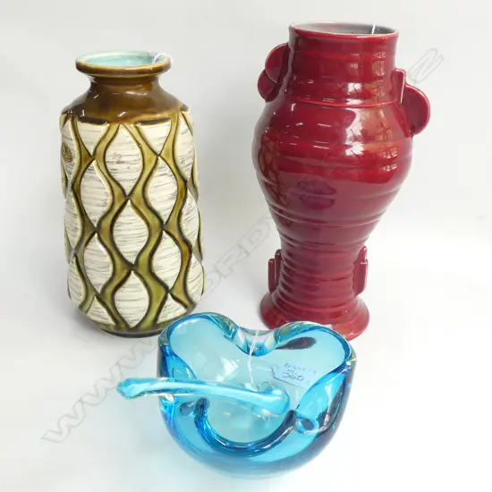 2 VASES; WETHERBY, GERMAN + ART GLASS MORTAR & PESTLE