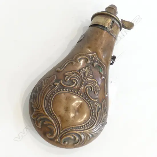 19TH CENTURY COPPER POWDER AM FLASK & CO WATERBURY CONNETICUT, L.180mm