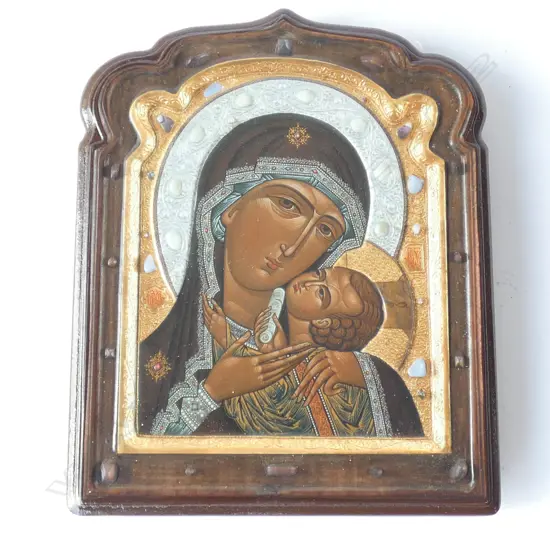 RUSSIAN ICON OUR LADY OF KAZAN, ON SHAPED PANEL