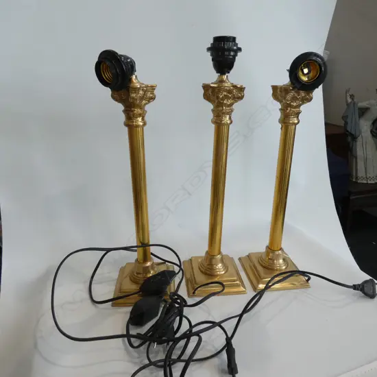 THREE CORINTHIAN COLUMN TABLE LAMPS (NO SHADES) (faulted)