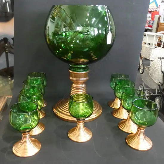 LARGE GREEN GLASS PUNCH BOWL +9 GLASSES H 400 MM
