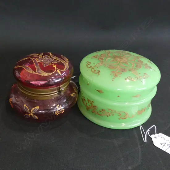 2 VICT GLASS LIDDED BOXES RUBY + GREEN