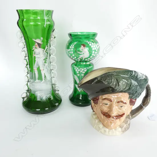 R/DOULTON CHARACTER JUG & 2 GREEN GLASS VICTORIAN VASES