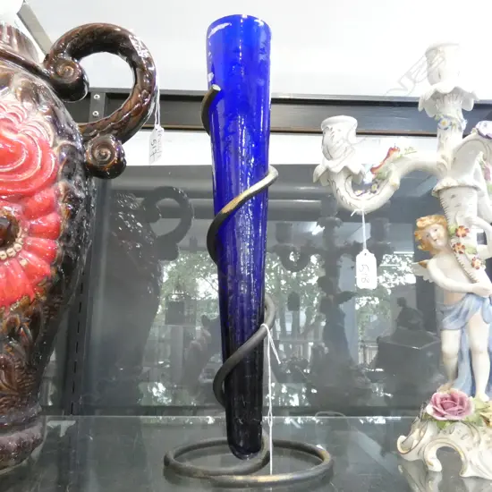 CONTEMPORARY BLUE GLASS VASE WITH METAL STAND H 390 MM