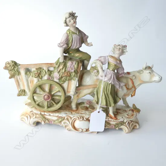 (18495) 19thC BISQUE FIGURE GROUP ROMANTIC COUPLE & CART