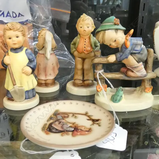 4 X HUMMELS--RETREAT TO SAFETY 201 2/0--WASH DAY 321 4/0, STEADFAST SOPRANO 848--GARDEN TREASURES 72  + PLATE HAPPY PAST