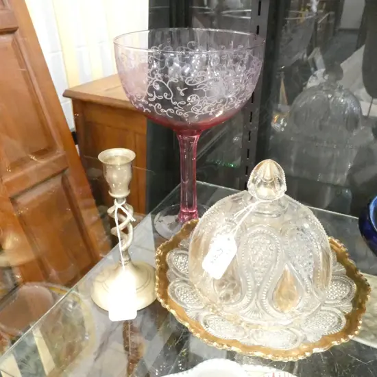 LOT GLASS COVERED DISH/GOBLET +CANDLESTICK