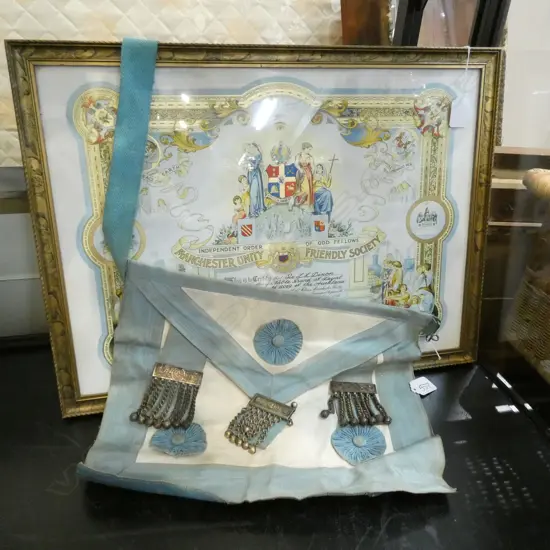 MASONIC APRON, W.370mm + FRAMED MANCHESTER FRIENDLY SOCIETY CERTIFICATE, H.390mm
