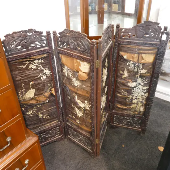 19THC ORIENTAL SCREEN WITH DISTRESSED EMBROIDERY 