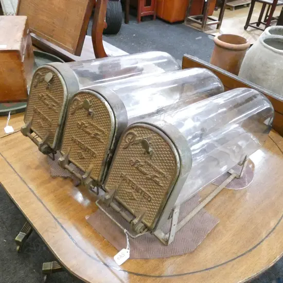 RARE OLD TRIPLE LOLLY JARS IN STAND. METAL DOORS & STAND
