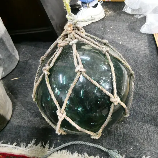 OLD LARGE GLASS FISHING FLOAT WITH NETTING Dia.350mm