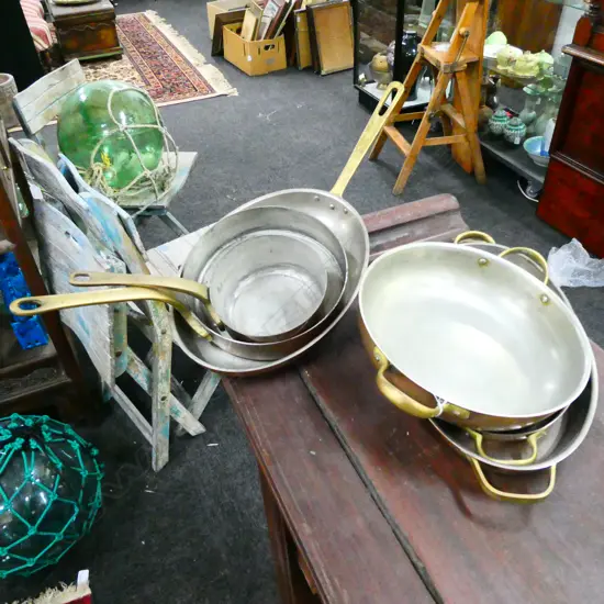 6 VINTAGE COPPER PANS WITH BRASS HANDLES