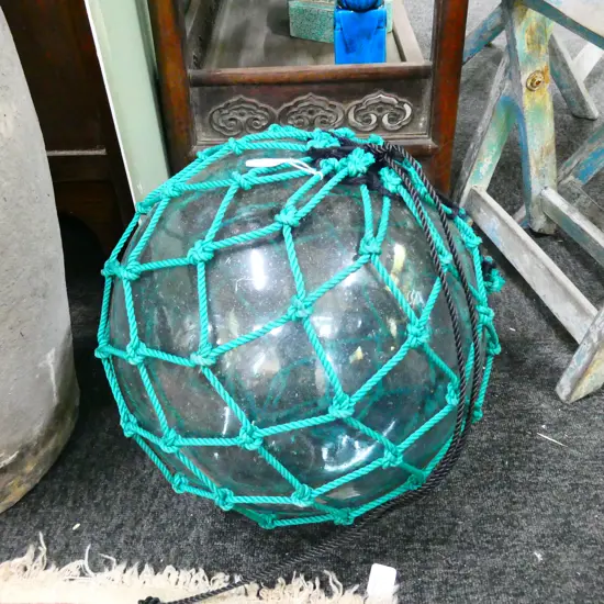OLD LARGE GLASS FISHING FLOAT WITH NETTING Dia.370mm