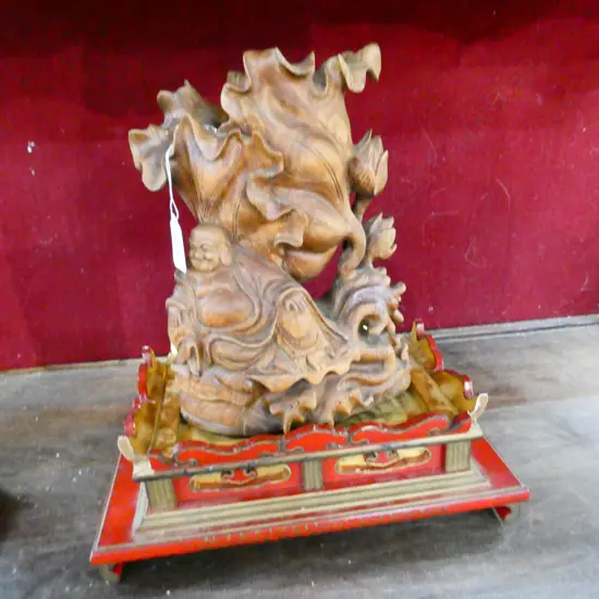 ORIENTAL WOODEN CARVING ON STAND H. 330MM