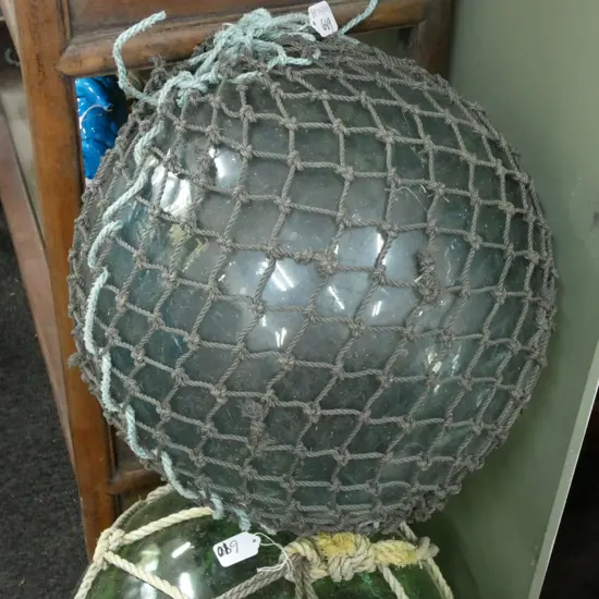 OLD LARGE GLASS FISHING FLOAT WITH NETTING Dia.380mm