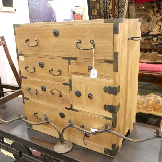 VINTAGE JAPANESE PALE WOOD METAL TRIM CHEST H. 540MM