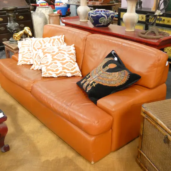 3 SEATER TAN LEATHER CONTEMPORARY SOFA
