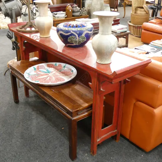 RED LACQUER ORIENTAL CONSOLE TABLE L. 1650MM D. 345MM H. 835MM