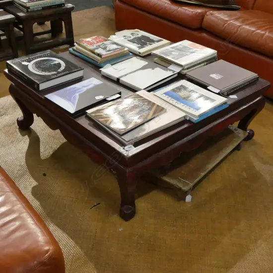 SQUARE ORIENTAL RED PAINTED COFFEE TABLE W. 950MM H. 340MM