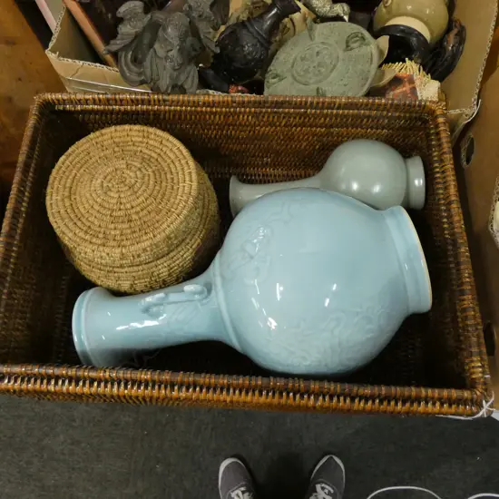 BOX LOT WOVEN BOX, 2 VASES ETC