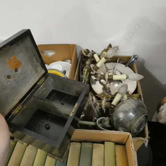 BOX LOT EPNS, PR SCONCES, TEA CADDY ETC