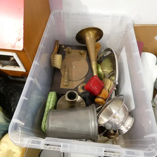 LARGE PLASTIC BOX LOT ASST. ITEMS; EPNS, VANITY SETS, MUSICAL JEWELLERY BOX ETC