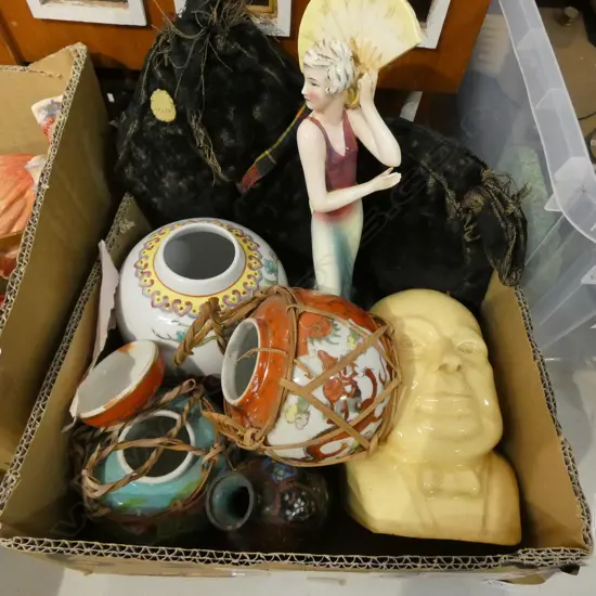 BOX LOT GINGER JARS, ART DECO LADY, SCOTTIE DOG, WINSTON ETC