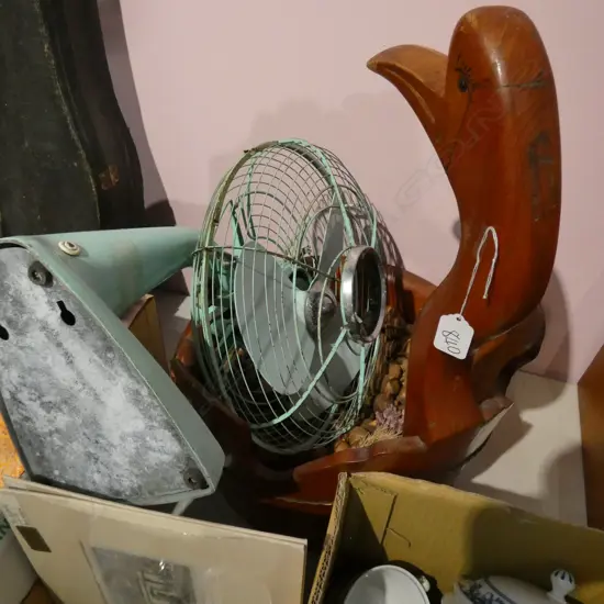 CHINESE WOODEN BIRD CONTAINER AND RETRO FAN