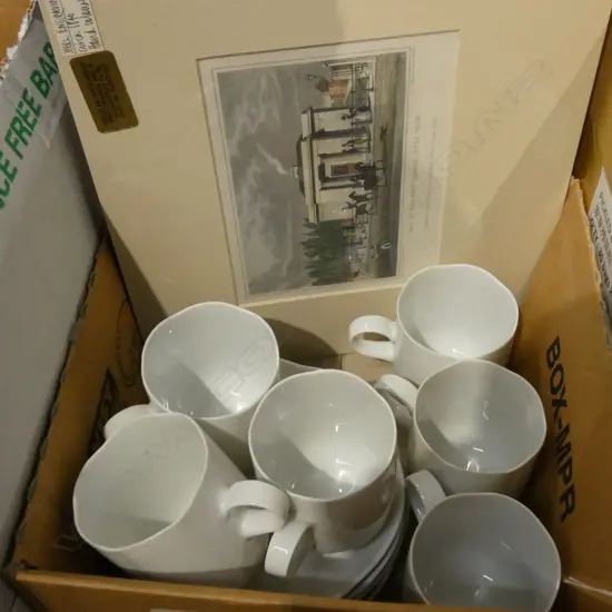 BOX LOT 10 PCE GERMAN CUPS & SAUCERS, 2 STEEL ENGRAVINGS
