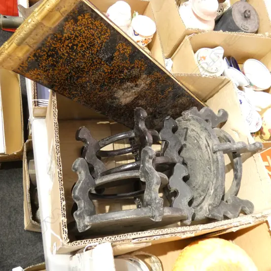 BOX LOT BLACK WOODEN STANDS ETC