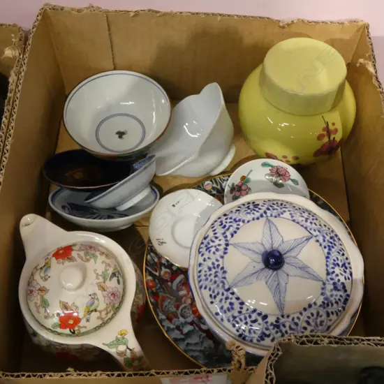 BOX LOT ASST. ORIENTAL ITEMS; TEAPOT, BOWLS ETC