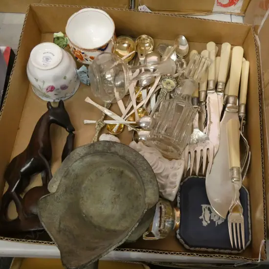 BOX LOT FISH KNIVES, TEA CUPS, BOTTLES ETC