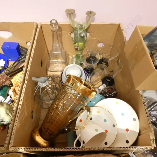 LOT ASST RETRO CHINA/GLASSWARE/ CANDLE STICK EIFFEL BOTTLE ETC