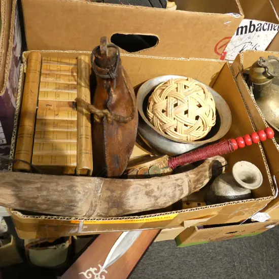 BOX LOT ASST. ORIENTAL PCES; JEWELRY BOX, BALL, STICK DRUM ETC