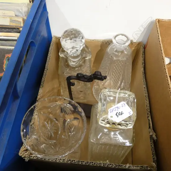 BOX WEBB CORBETT CRYSTAL VASE + 3 GLASS DECANTERS WOOD STAND A.F