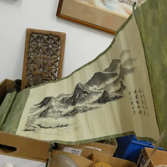 BOX LOT ASST. ORIENTAL ITEMS; PANEL, PR VASES, SCROLL ETC