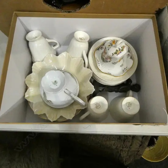 BOX LOT ASST CHINA INCL. WEDGWOOD, CUPID, BELLEEK ETC - updated with correct photo