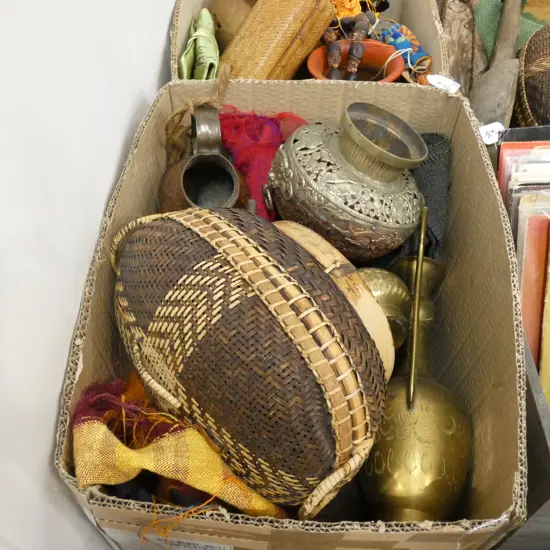 BOX LOT ASST. ASIAN ITEMS; BRASS, FABRIC, CANE CONTAINER ETC