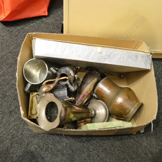 BOX LOT EPNS, CLOCK, CASED BRUSHES ETC