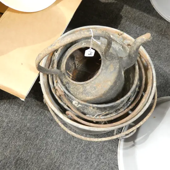 4 OLD PANS & KETTLE: CAST IRON, BRASS, ENAMELLED