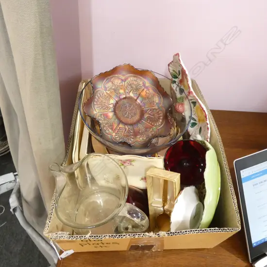 BOX LOT ASST. CERAMICS AND CRYSTAL ETC