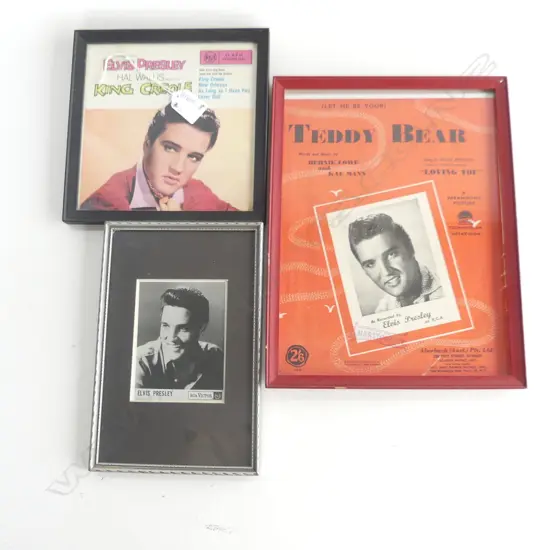 (20) 3 ELVIS PRESLEY ITEMS, ORIGINAL SINGL, SMALL FRAMED POSTER & FRAMED PICTURE