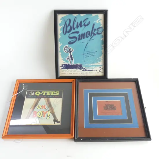 (19) 3X NZ RELATED FRAMED MUSIC ITEMS. BOB DYLAN, BLUE SMOKE, THE QTEES