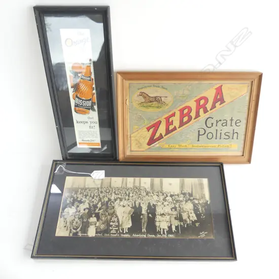 (20) 3 FRAMED ITEMS, ZEBRA GRATE POLISH ADVERTISING SIGN & DANCE ADVERTISEMENT 1925