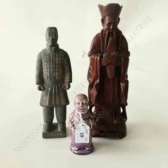 (7) 3 FIGURINES, INCLUDING ONE MINIATURE TERRACOTTA BURIED SOLDIER & PURPLE MONK