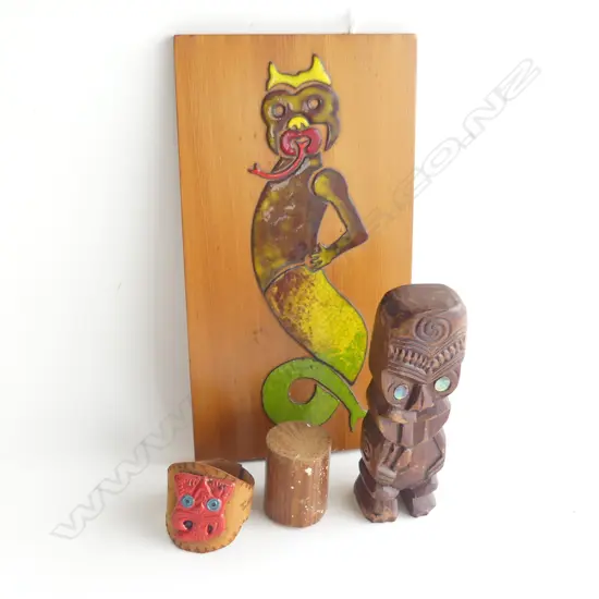 (3) 3 MAORI FOLK ART ITEMS AN ENAMEL MARAKIHAI FIGURE ON BOARD TIKI FIGURE AND LEATHER SERVIETTE RING