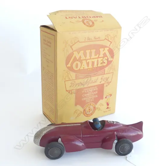 (15) CAST IRON ‘ARCADE TOY RACING CAR’ NO. 1440 & VINTAGE MILK OATIES DISPLAY BOX